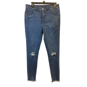 Express Skinny High Rise Hyper Stretch Distressed‎ Jeans Blue Raw Hem Size 8R